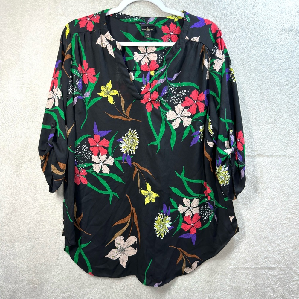 WORTHINGTON V-Neck Black Floral Blouse 3/4 Roll Tab Sleeve Career Vacation Sz 0X